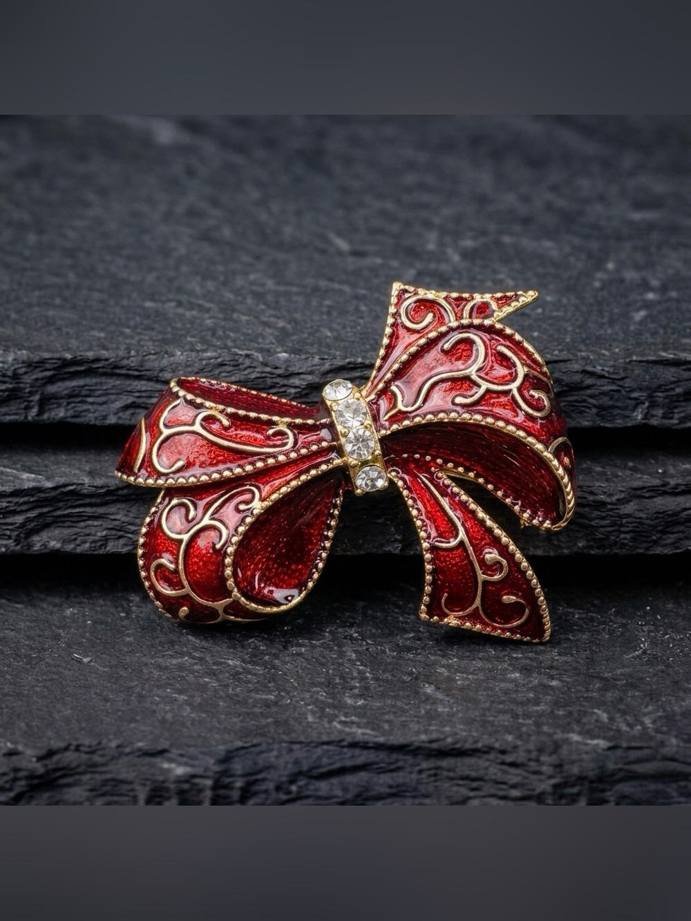 Vintage 90s Monet Ruby Red Translucent Enamel Clear Rhinestone Bow Brooch